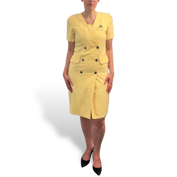 Yellow Double Breasted 80s Vintage Suit Dress Damon II Short Sleeve Knee Length - Picture 2 of 4